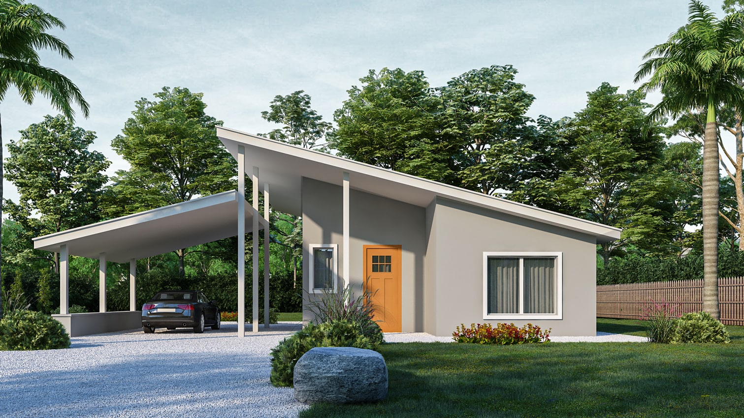 Rendering of the Angel steel kit home with carport