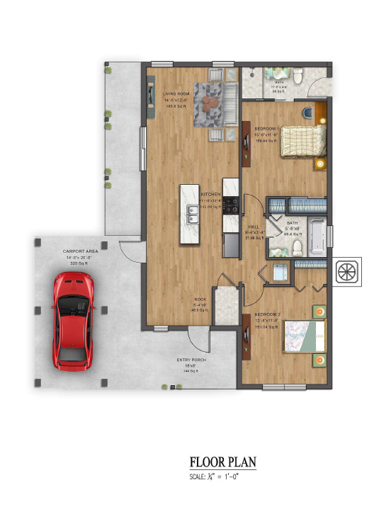 The Angel steel kit home with carport floor plan preview image