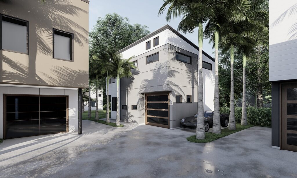 rendering of modern home community from inside the development facing several properties connected by a shared polished concrete driveway