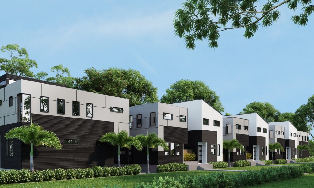 rendering depicts row of white and dark grey modern homes on a residential street