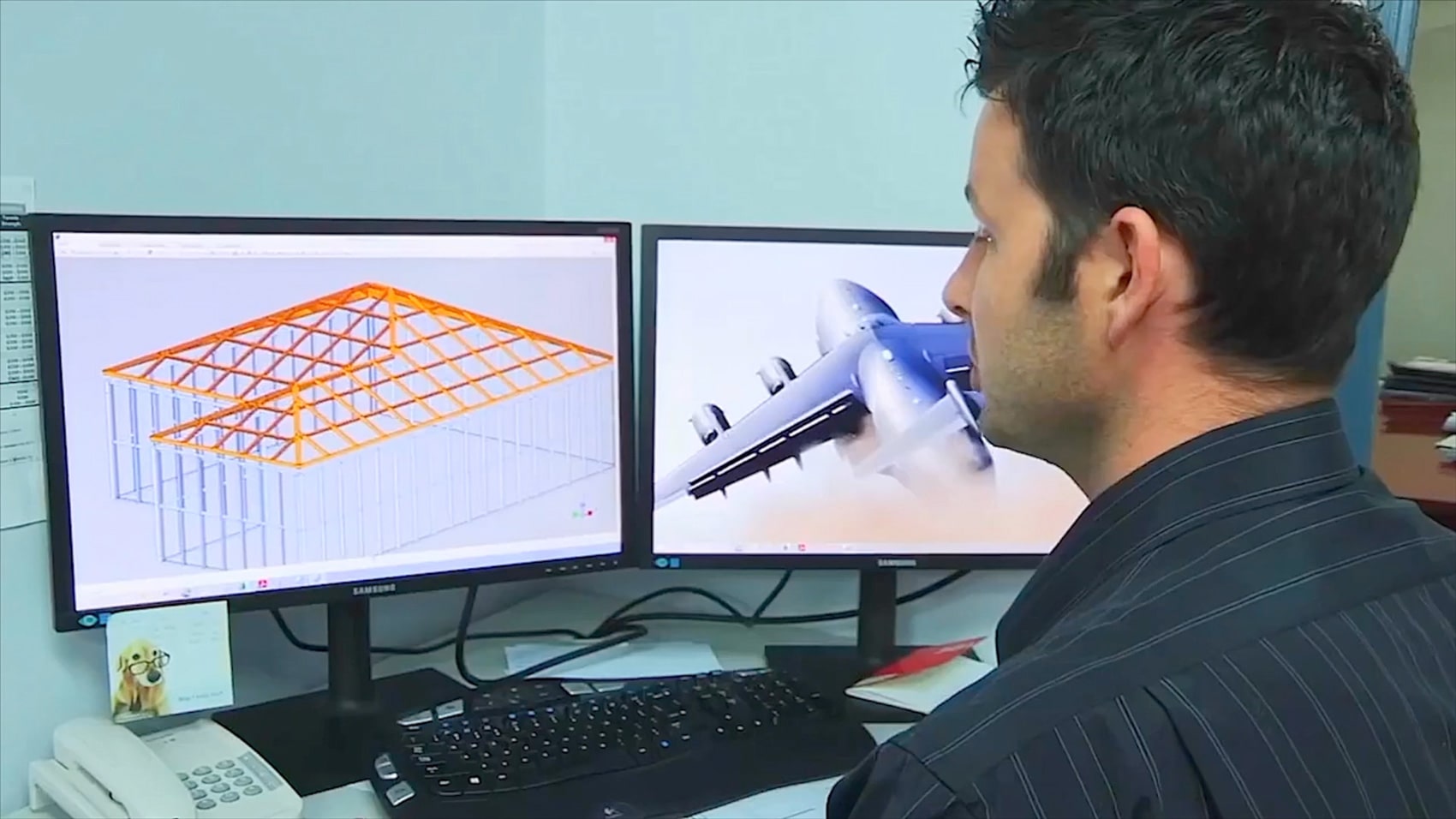 designer works at computer with rendering of steel frame structure